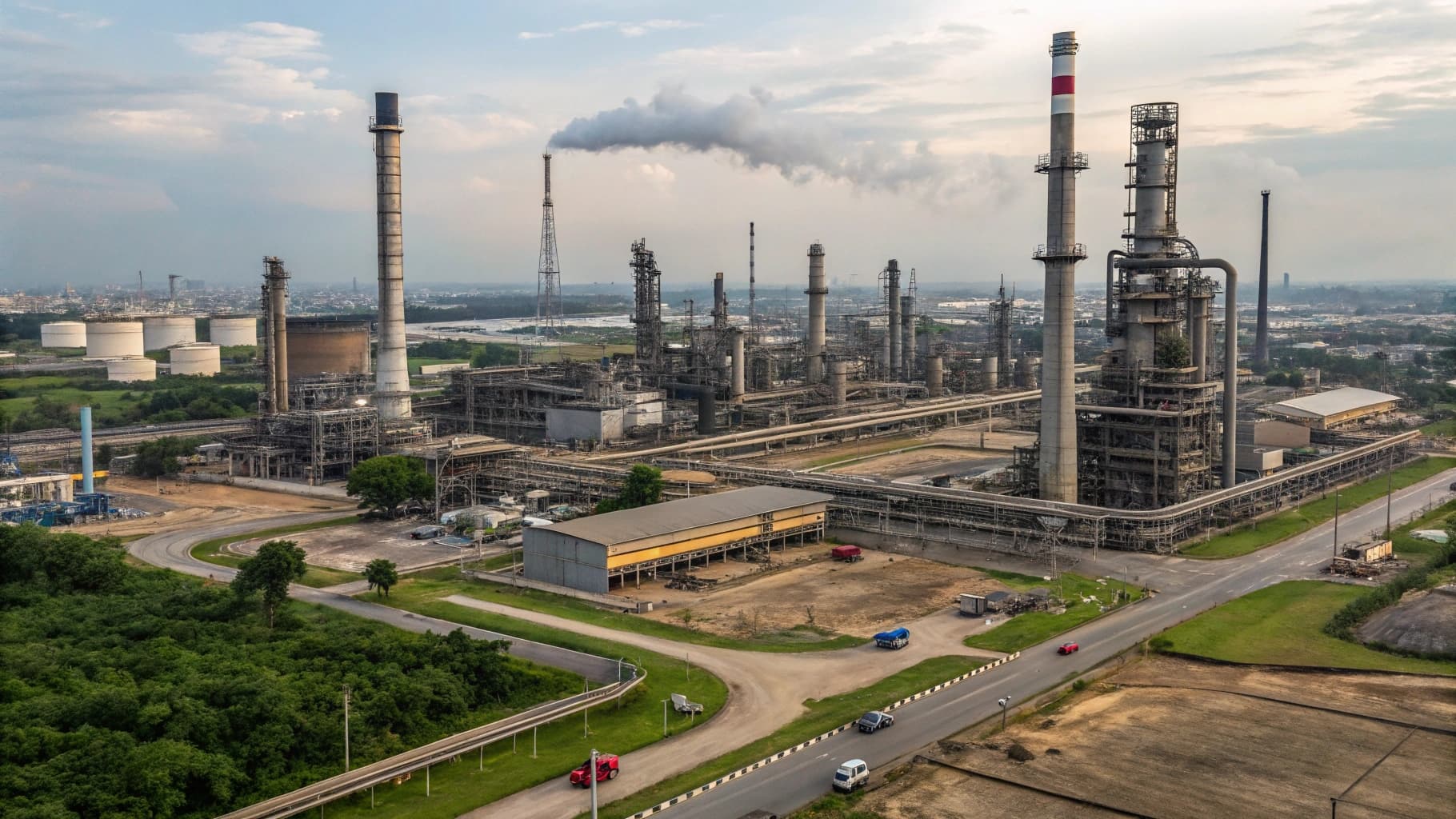Aerial view of pipelines and refinery area at night
